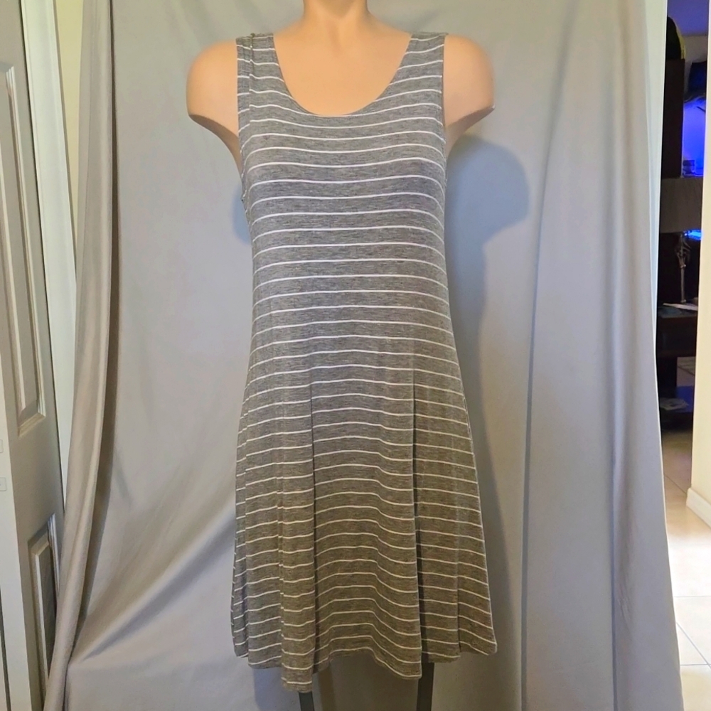 Pinc Gray and white striped fit and flare lightweight tank dress, NEW